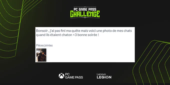 Message reçu à la place d'une validation de quête sur le PC Game Pass Challenge :

"Bonsoir, j'ai pas fini ma quête mais voici une photo de mes chats quand ils étaient chaton <3 bonne soirée !"
