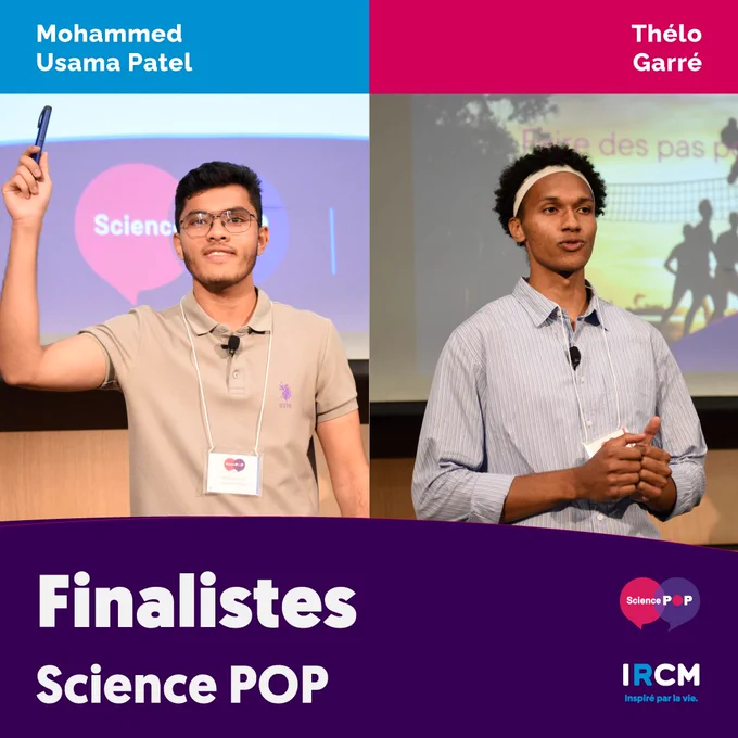 #sciencepop | Dans une ambiance conviviale et stimulante, ils ont remporté la compétition interne Science POP de l’IRCM:
🔬Défi vulgarisation -- Mohammed Usama Patel, étudiant à la maitrise sous la direction du Dr Mohan Malleshaiah et Dr Yasaman Aghazadeh.
🔬Défi média -- Thélo Garré, étudiant à la maitrise sous la direction du Dr Rémi Rabasa-Lhoret.
Toutes nos félicitations à eux mais aussi à l'ensemble des candidat.es pour leurs belles prestations!
Maintenant, direction la grande finale provinciale, gratuite et ouverte au public, qui aura lieu les 21 et 22 novembre 2024, avec la participation de 12 institutions issues de tout le Québec. Ça promet d’être palpitant! Car la science, c’est tout sauf ennuyeux! 
En savoir plus : http://www.sciencepop.ca