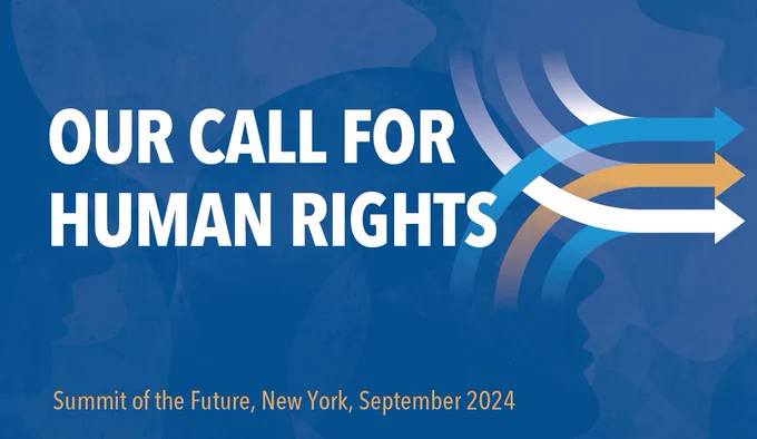 A blue graphic with the text "Our Call for Human Rights" and an illustration of three arrows. Text below reads "Summit of the Future, New York, September 2024