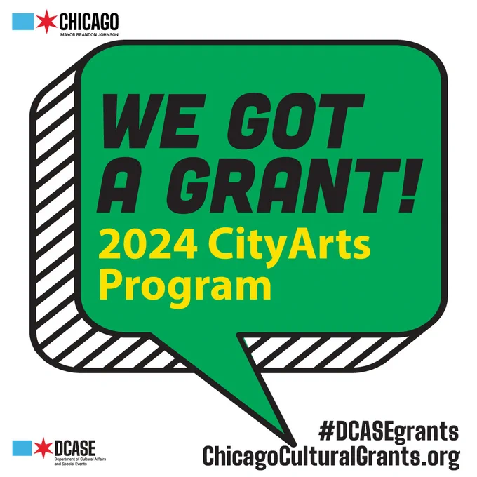 A green speech bubble. Text inside reads, "We Got a Grant! 2024 CityArts Program."