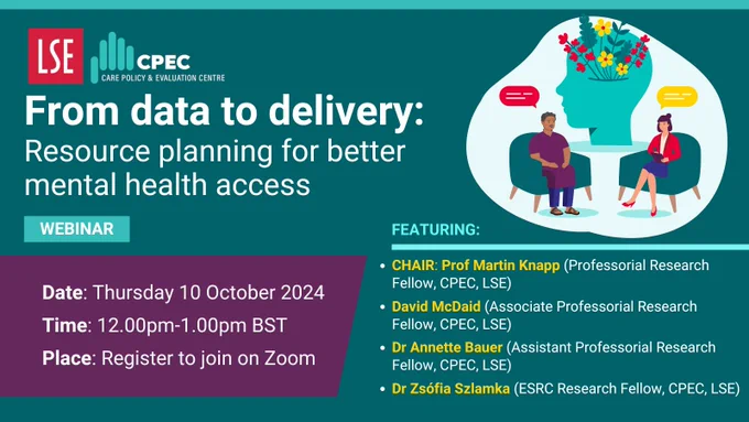 From data to delivery: Resource planning for better mental health access
Date: Thursday 10 October 2024
Time: 12.00pm-1.00pm BST
Place: Register to join on Zoom
