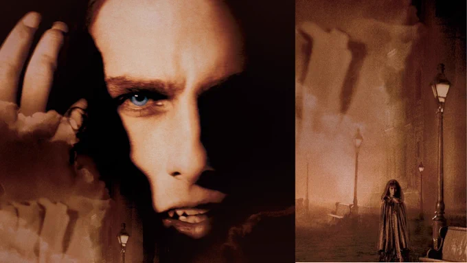 Images from the poster for Interview with the Vampire. One the left is a sepia tinted close-up of Tom Cruises smouldering vampire face with piercing blue eyes. On the right is a sepia tinted  image of a cloaked woman standing in an empty street at night with victorian street lighting.