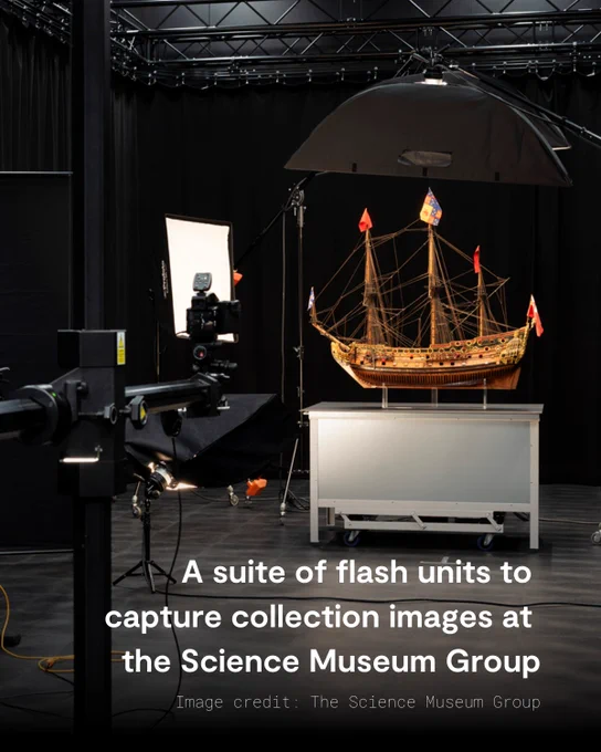 Image shows a model of a ship in a photography studio being captured in detail.
Text reads: A suite of flash units to capture collection images at the Science Museum Group.
Image Credit: The Science Museum Group