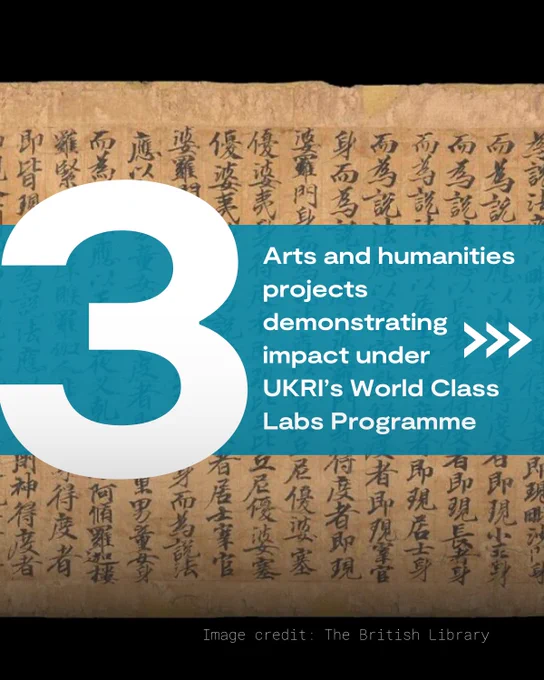 Image of the Lotus Sutra scroll, conserved and digitised through WCL. 
Text reads: 3 Arts and Humanities projects demonstrating impact under UKRI's World Class Labs programme. 
Image credit: The British Library