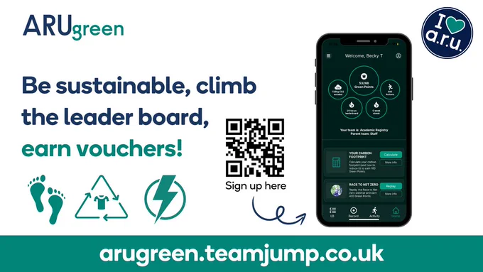 An image of a phone and text saying "Be sustainable, climb the leaderboard, earn vouchers!"