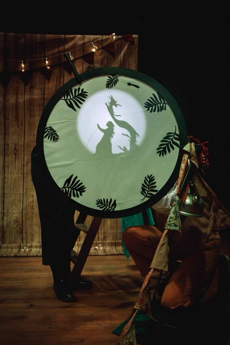 Image from 'Clomping About'. The set contained a campfire inspired by the ones in Sam Thompson's collections. Reproduced courtesy of Goofus Theatre & With Passion & Purpose, 2024.