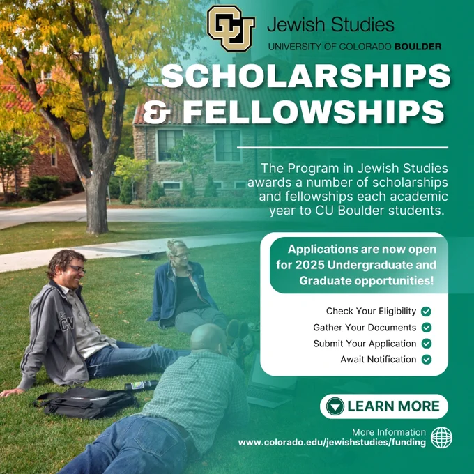 Students sitting on CU Campus lawn. White text on green background announcing scholarship and fellowship opportunities.