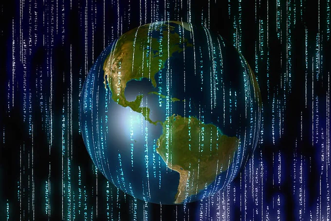 Globe of Earth with binary code cascading vertically over its surface and in the black space behind it