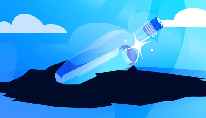 Illustration of a water bottle lying on its side, set against a blue sky background with clouds.