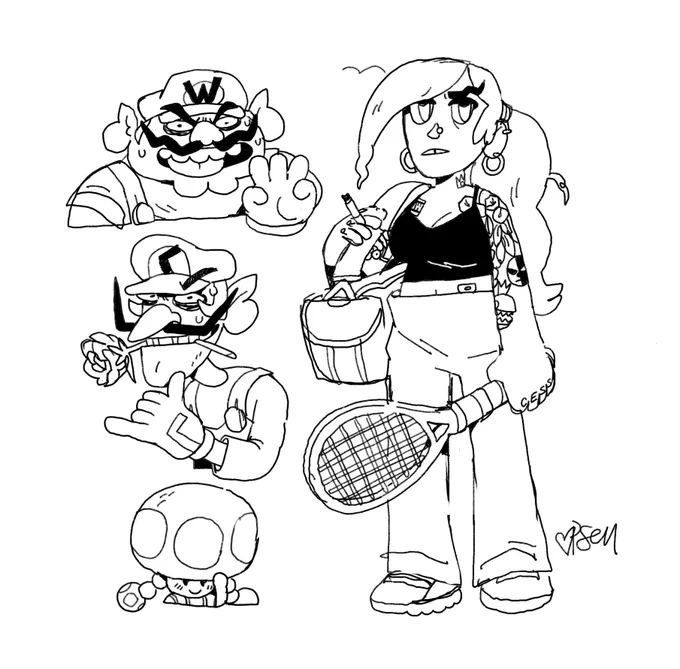 A sketch of Wapeach in her normal clothes. On the side, smaller sketches of Wario, Waluigi, and Toadette