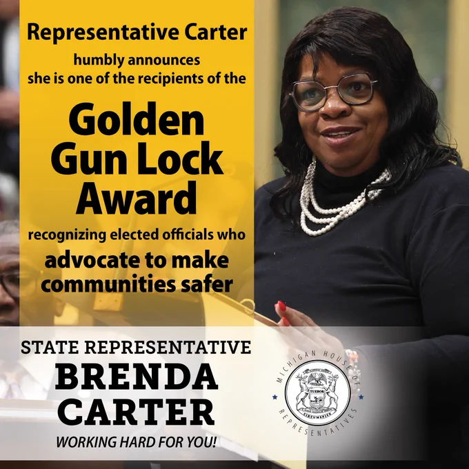 Graphic for Michigan State Representative Brenda Carter with text below her name that reads, “working hard for you.” To the left of her picture is text that reads, she “humbly announces she is one of the recipients of the Golden Gun Lock Award, recognizing elected officials who advocate to make communities safer.”