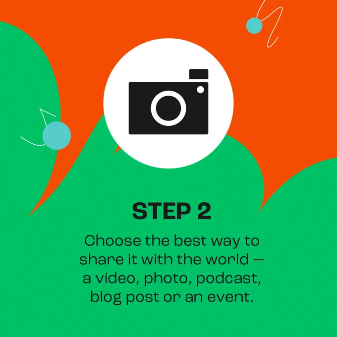 Step 2: Choose the best way to share it with the world - a video, photo, podcast, blog post of an event. 
