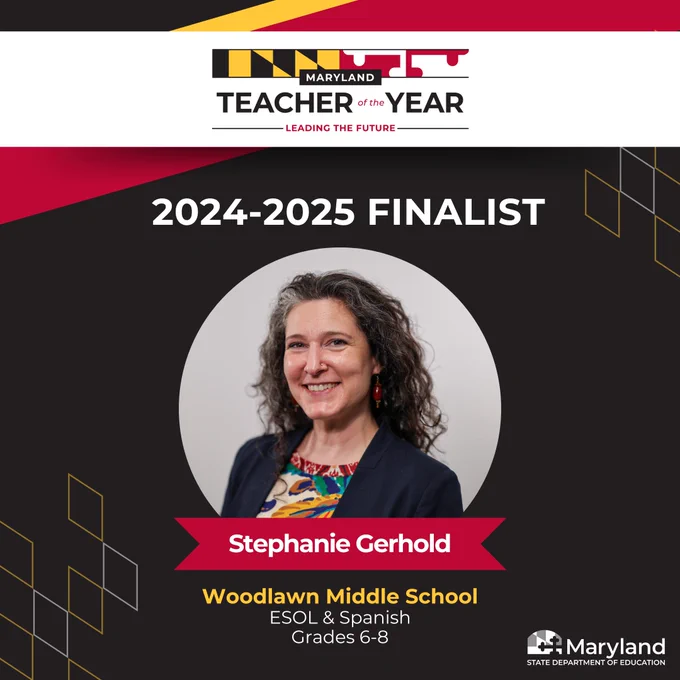 Black graphic with a photo of a Maryland Teacher of the Year finalist. Under their picture is their name, school, and subject they teach. Full-color Teacher of the Year logo and white MSDE logo.