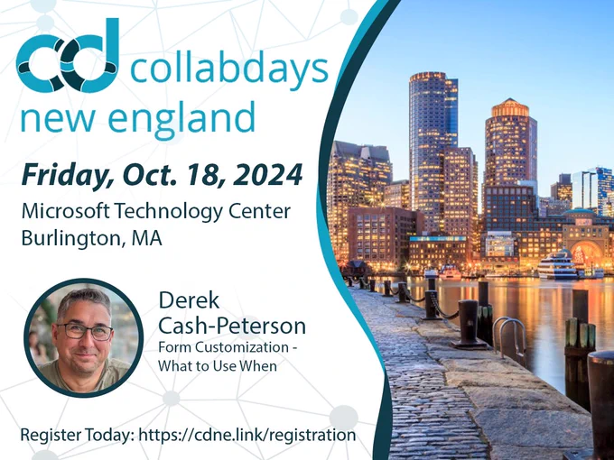 Derek's speaker banner for CollabDays New England. Banner includes the event logo, date, location, registration link, Derek's photo and session title, and an image of downtown Boston. 