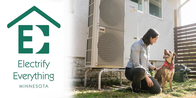 Electrify Everything MN logo and photo of woman with dog by an electric appliance