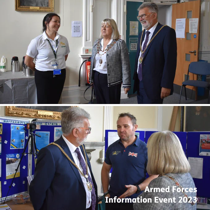 A montage of two photos. Top: Three people are indoors. The on the right is the Mayor of Northampton. He is wearing his chains of office.
Bottom: The Mayor talks to to man wearing a blue top. The Mayoress is the right.