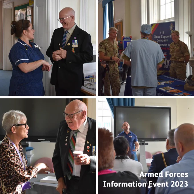 A montage of four photos.
Top left: A nurse and a veteran are talking. They are laughing.
Top right: A group a people are talking at an information stand.
Bottom left: A man and a woman are talking. The man is wearing a suit and his medals are on show
Bottom right: An audience are watching a man talk.