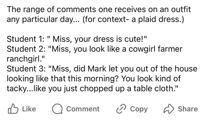 Screenshot of Facebook memory where students are saying their teacher looks like a farmer, and a tacky table cloth.