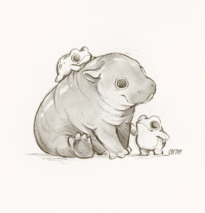 sketch doodle illustration of adorable cute moo deng pygmy hippo with frog toad drawing by chetom