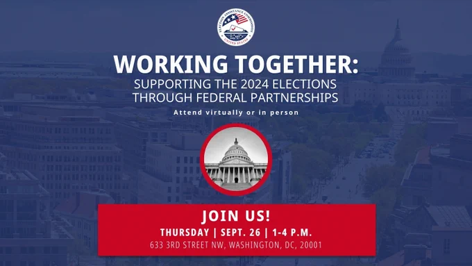 A dark blue background fills the frame with a low opacity image of downtown DC and the capitol in the background. Top center is a circular EAC logo, below in bold white text reads "Working Together: Supporting the 2024 Elections through Federal Partnerships".