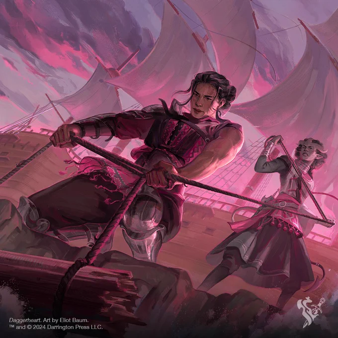 Share the Burden by Eliot Baum is a striking dusk snapshot of two workers pulling up a heavy load with rope together. It is artwork for one of the cards in Darrington Press’ new TTRPG Daggerheart. Daggerheart is coming out in Spring 2025. 
