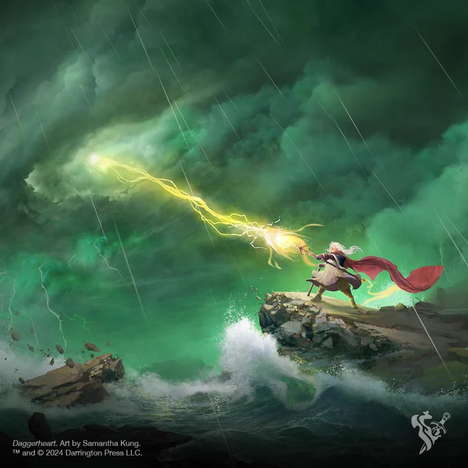 Tempest by Samantha Kung is a turbulent sea where a lone spell cast stands atop a protruding rock casting into the eye of the storm above. It is artwork for one of the cards in Darrington Press’ new TTRPG Daggerheart. Daggerheart is coming out in Spring 2025. 