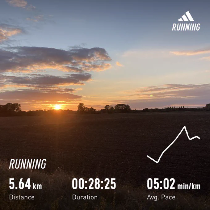 Sunset over a field; running stats superimposed (5.64km, 28:25 mins)
