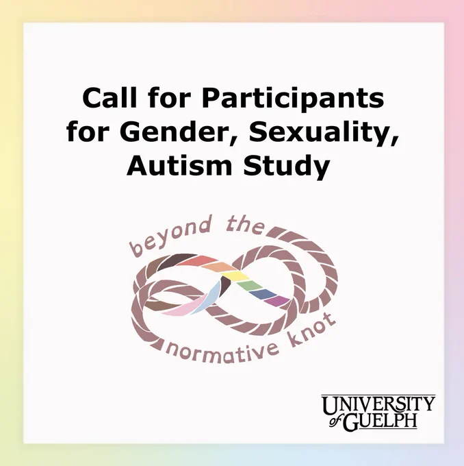 Call for Participants for Gender, Sexuality, Autism Study, with the Beyond the Normative Knot project logo, a brown and rainbow coloured rope in a loose knot resembling an infinity symbol.