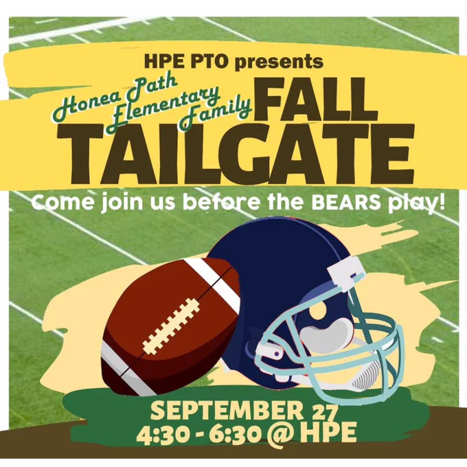 🎉 Calling all HPE students and their families…  Join us for the ultimate Fall Tailgate, presented by HPE PTO, before the Bears game!  🎈 Enjoy bounce houses, food trucks, prizes, games, train rides, balloon animals, face painting, raffles, and so much more.  Mark your Calendars!!! 🐻