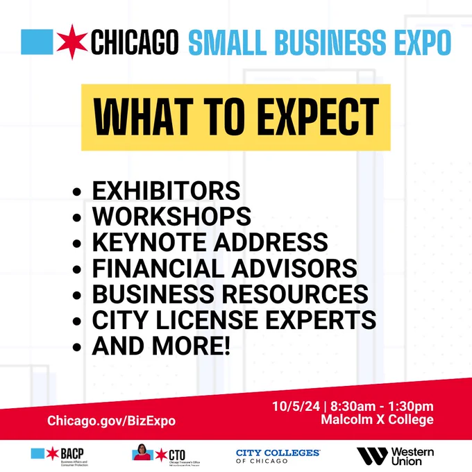 Promotional graphic for the Chicago Small Business Expo, detailing event features such as exhibitors, workshops, keynote address, financial resources, and business advising. Includes date and time on October 5th from 8:30 am to 1:30 pm, and mentions partners like City Colleges of Chicago and Western Union. Displays logos for BACP, CTO, and is linked to Chicago.gov/BizExpo for more information.