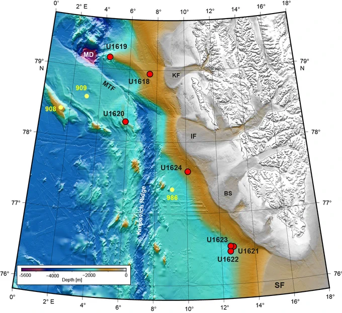 Bathymetric map showing the locations of Expedition 403 sites.