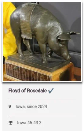 Floyd of Rosedale picture with a checkmark indicating that Iowa currently is in possession of the trophy. It also indicates the Hawkeyes won it back in 2024 and lead the trophy series 45-43-2.