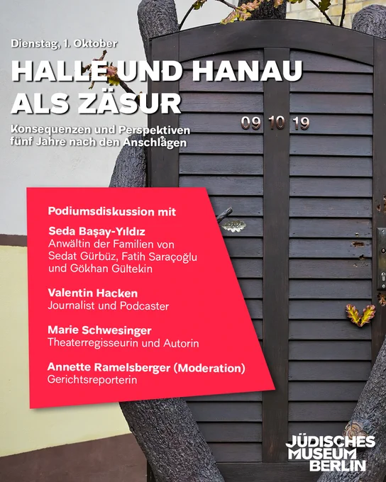 Foto eines Denkmals mit einem Fenster, das durch Äste eines Baums umrissen wird. Veranstaltungshinweise zu "Halle und Hanau als Zäsur" am 1. Oktober