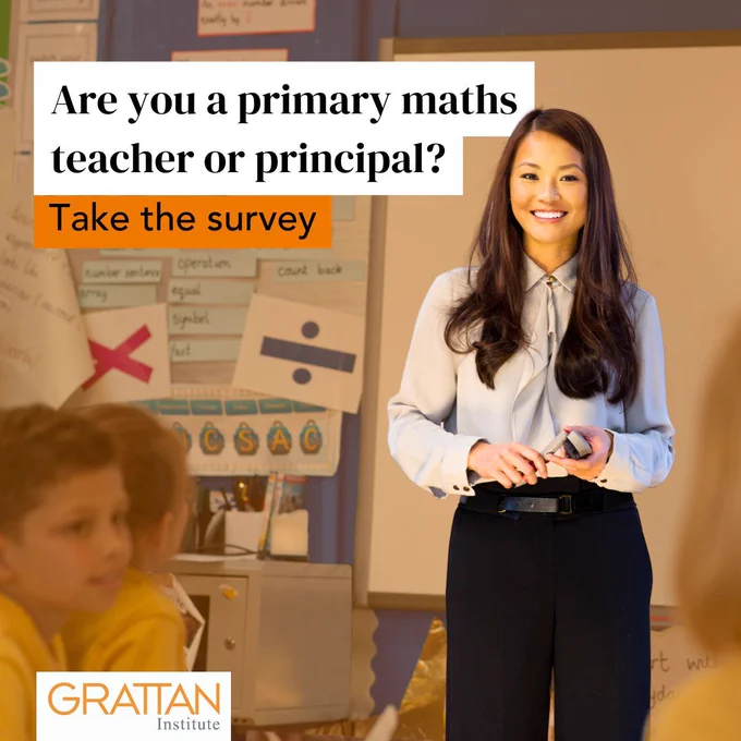 Promotional graphic with a photo of a teacher in a primary school classroom and the text "Are you a primary maths teacher or principal? Take the survey"