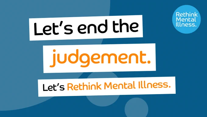 Promotional graphic for Rethink Mental Illness featuring the slogans 'Let’s end the judgement.' and 'Let’s Rethink Mental Illness.' set against a blue abstract background.