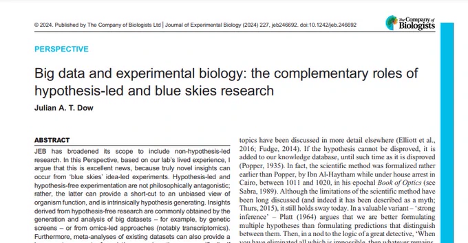 A screenshot of the article titled 'Big data and experimental biology: the complementary roles of hypothesis-led and blue skies research' by Julian A. T. Dow