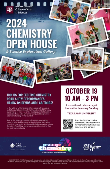 In the spirit of all things scientific, occasionally explosive and all-around inspirational, the Department of Chemistry is gearing up to host one of the most popular fall traditions across the Texas A&M University campus at the premier laboratory building in the country! Stop by the welcome tent at the front entrance and get ready for a host of hands-on action, including fascinating experiments, a poster session, guided laboratory tours, three Chemistry Road Show performances and lots of other free fun for the whole family!