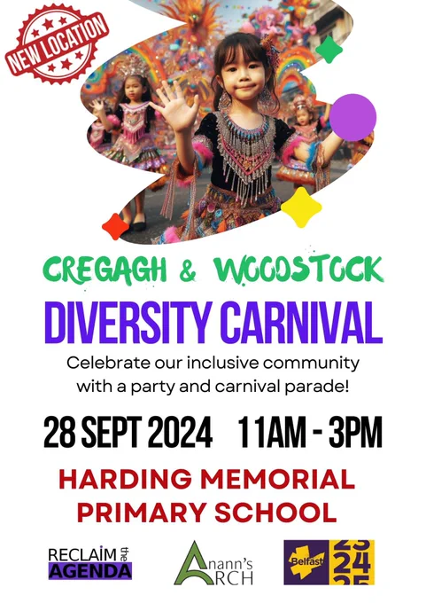 Poster shows information on Cregagh and Woodstock Carnival on 28 September 2024 at Harding Memorial Primary School in Belfast at 11am.
