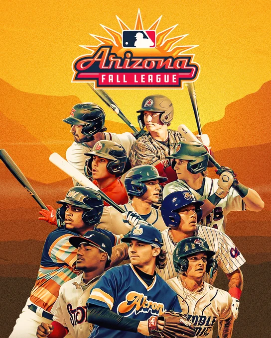 ARIZONA FALL LEAGUE LOGO
Photos of Bryce Eldridge, Cole Young, Colt Emerson, Ethan Salas, Jac Caglianone, Xavier Isaac, Moises Ballesteros, Leodalis De Vries, Chase DeLauter and Jett Williams on an orange background