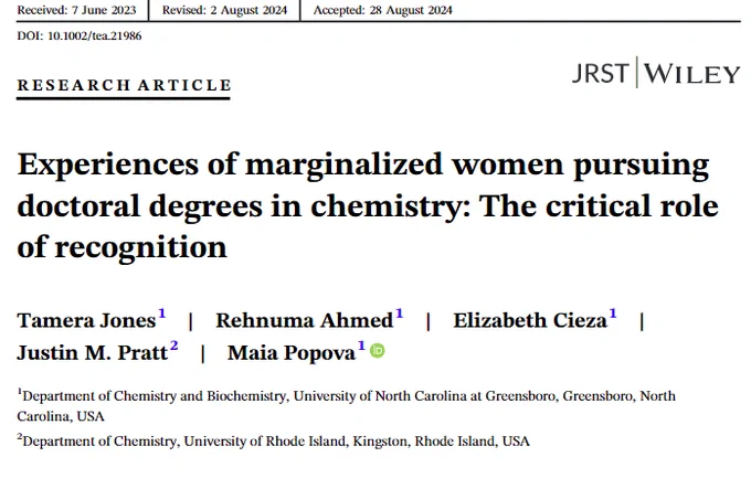 Screenshot of the front page of a peer-reviewed article published in the Journal of Research in Science Teaching titled "Experiences of marginalized women pursuing doctoral degrees in chemistry: The critical role of recognition"