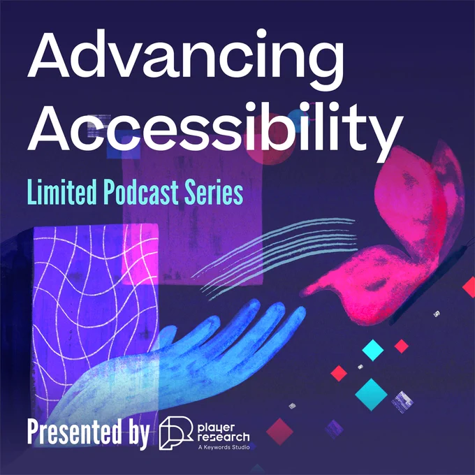 Hand drawn podcast cover art in violet, blue and pink tones. Advancing accessibility - limited podcast series presented by Player Research