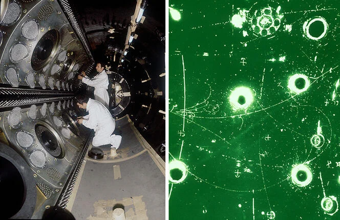 À gauche, vue de l'intérieur de la chambre à bulles de Gargamelle en 1970. À droite, première observation des courants neutres : un neutrino interagit avec un nucléon et réapparaît sous la forme d'un neutrino. ©CERN