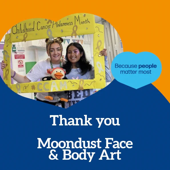 Picture of Abbi and young patient with text ‘Thank you Moondust Face & Body Art’