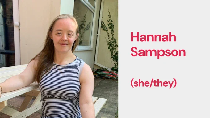 Photo of Hannah Sampson. They smile at the camera while sitting on a picnic bench. Text next to this displays Hannah's name and their pronouns (she/they).