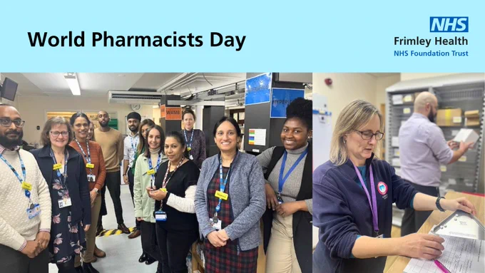 Group of healthcare professionals in a hospital pharmacy with "World Pharmacists Day" and "Frimley Health NHS Foundation Trust" logos visible.