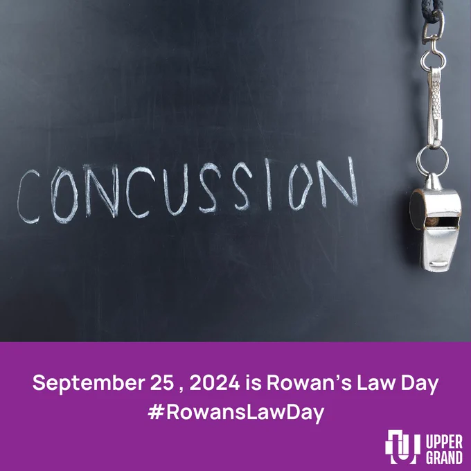 A chalkboard that says concussion. A whistle is pictured. September 25, 2024 is Rowan's Law Day #RowansLawDay