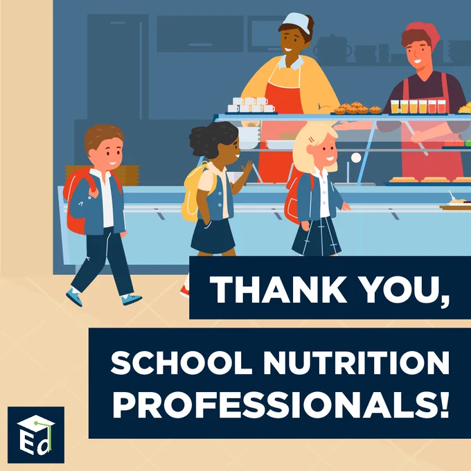 An illustration of three students in a cafeteria line with two school nutrition professionals behind the cafeteria counter; a text overlay reads "Thank you, school nutrition professionals!"