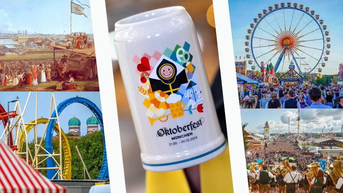The 2024 Oktoberfest Beer Steins is seen along with images of Oktoberfest.