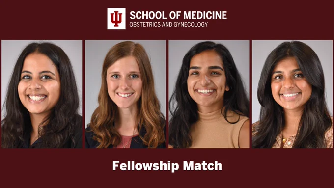 A graphic has the School of Medicine Obstetrics and Gynecology logo at the top. Beneath it, four headshots of different women are lined up and centered. Beneath their photos, text reads "Fellowship Match."