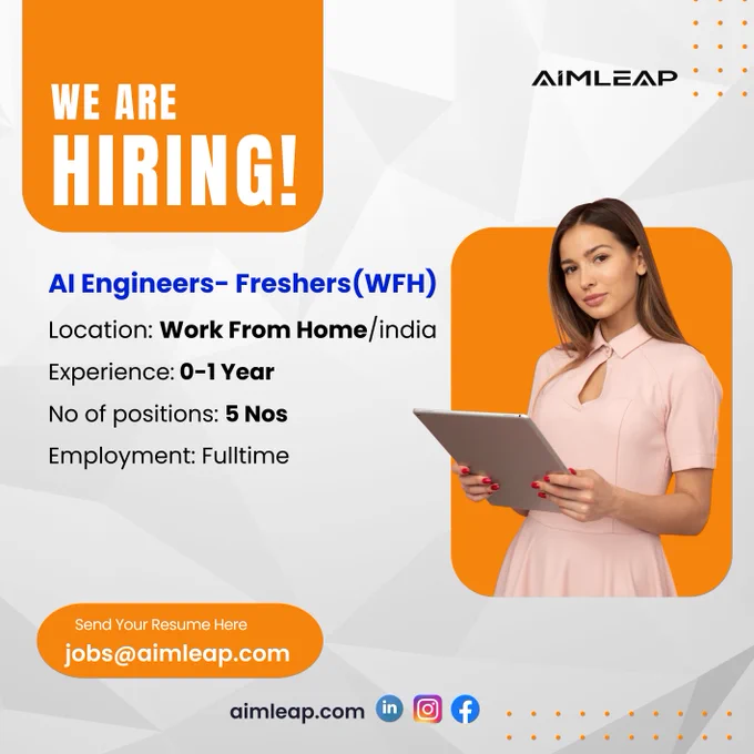 AI Engineers – Freshers (WFH)
Experience: 0 to 1 Year
Location: Work from Home/Bangalore/India
Salary: 4 Lacs to 5 Lacs INR PA
No of positions: 5 Nos
Educational qualification: MBA/PGDM/BBA/Engineering
Industry: IT/ITES
 
Qualifications & Requirements:

· Proficiency in at least one programming language such as Python, Java, or C  .
· Strong understanding of fundamental concepts in machine learning, deep learning, and artificial intelligence.
· Passion for learning and a strong desire to pursue a career in artificial intelligence.
· Prior experience with AI projects, internships, or coursework is a plus but not required.
· Bachelor's or Master's degree in Computer Science, Engineering, or related field.

Responsibilities:

Collaborate with senior engineers and data scientists to understand project requirements and contribute to the design and development of AI solutions.
Assist in data collection, preprocessing, and annotation tasks to prepare high-quality datasets for model training.
